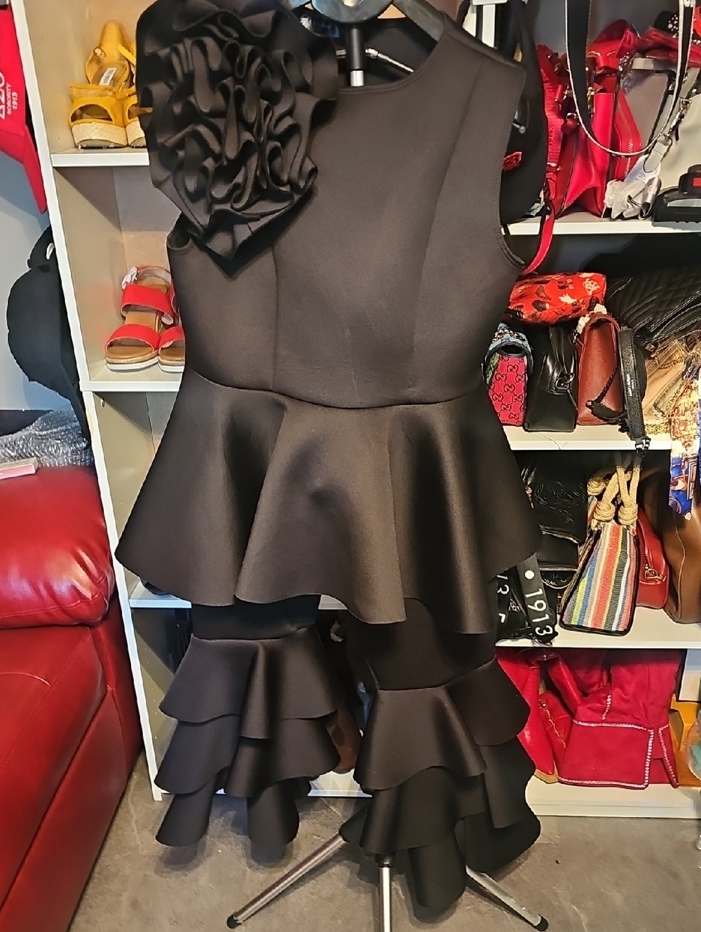 Black Ruffled Peplum Top with Tiered Ruffle Pants Set